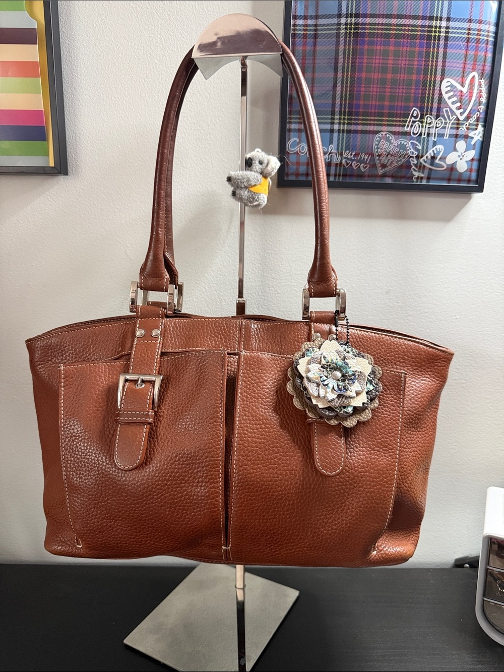 Tignanello Brown Leather Shoulder Bag with Floral Charm